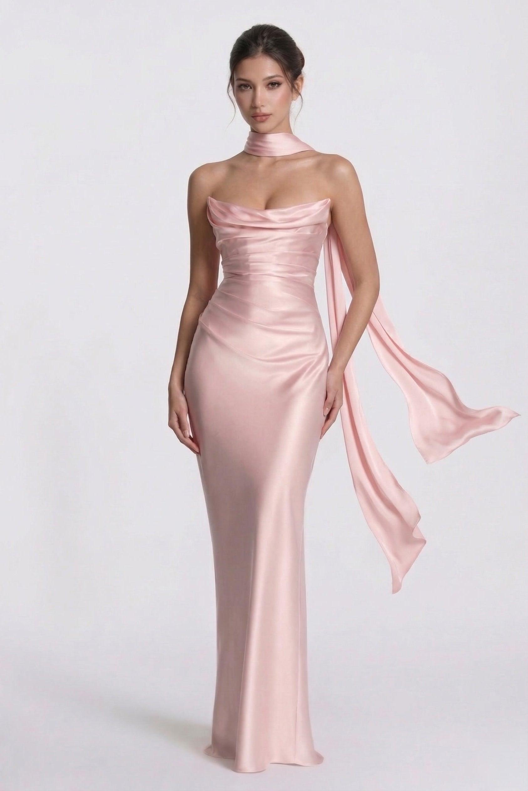 Sheath-Column Floor Length Acetate Satin Bridesmaid Dress CG0305BM - Soft Blush - COCOMELODY